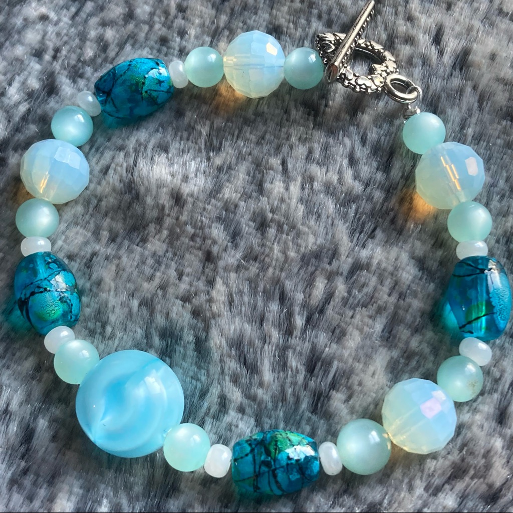 Vintage Blue Lucite Bracelet W/Art Glass & Opalite